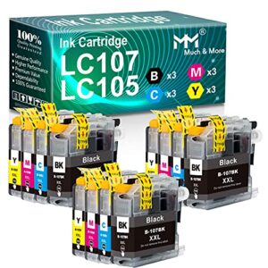 mm much & more compatible ink cartridge replacement for brother lc-107 lc-105 lc107 lc105 xxl used in mfc-j4410dw j4310dw mfc-j4610dw 4710dw mfc-j4510dw (3 black, 3 cyan, 3 yellow, 3 magenta) 12-pack