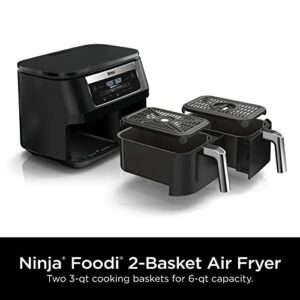 Ninja DZ090 Foodi 6 Quart 5-in-1 DualZone 2-Basket Air Fryer with 2 Independent Frying Baskets, Match Cook & Smart Finish to Roast, Bake, Dehydrate & More for Quick Snacks & Small Meals, Black