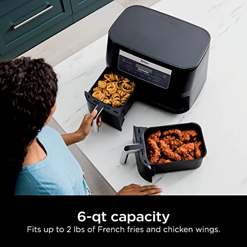 Ninja DZ090 Foodi 6 Quart 5-in-1 DualZone 2-Basket Air Fryer with 2 Independent Frying Baskets, Match Cook & Smart Finish to Roast, Bake, Dehydrate & More for Quick Snacks & Small Meals, Black