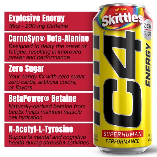 Cellucor C4 Energy Drink, Skittles, Carbonated Sugar Free Pre Workout Performance Drink with no Artificial Colors or Dyes, 16 Oz, Pack of 12