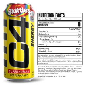 Cellucor C4 Energy Drink, Skittles, Carbonated Sugar Free Pre Workout Performance Drink with no Artificial Colors or Dyes, 16 Oz, Pack of 12