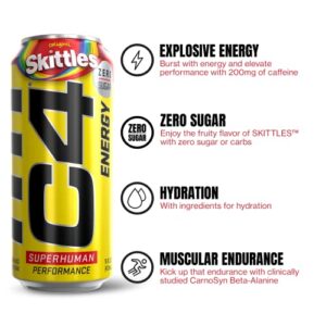 Cellucor C4 Energy Drink, Skittles, Carbonated Sugar Free Pre Workout Performance Drink with no Artificial Colors or Dyes, 16 Oz, Pack of 12