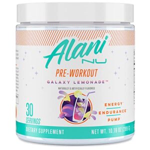 alani nu pre workout supplement powder for energy, endurance & pump | sugar free | 200mg caffeine | formulated with amino acids like l-theanine to prevent crashing | galaxy lemonade, 30 servings