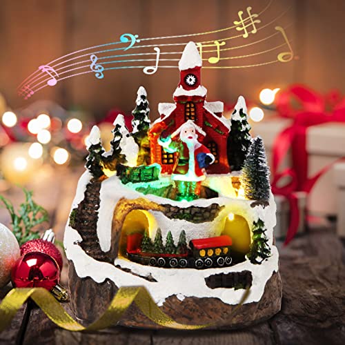 Christmas Decorations Snow Village Resin Building Figurines Revolving Train Musical Snow Globe Christmas Collectible Buildings 8 Music for Vintage Christmas Decor for Kids (Santa Claus)