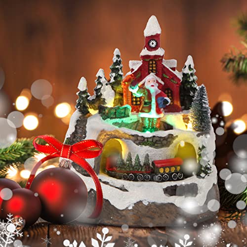 Christmas Decorations Snow Village Resin Building Figurines Revolving Train Musical Snow Globe Christmas Collectible Buildings 8 Music for Vintage Christmas Decor for Kids (Santa Claus)