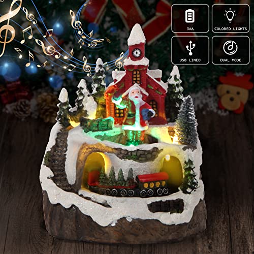 Christmas Decorations Snow Village Resin Building Figurines Revolving Train Musical Snow Globe Christmas Collectible Buildings 8 Music for Vintage Christmas Decor for Kids (Santa Claus)