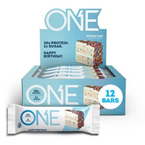 one protein bars, birthday cake, gluten free protein bars with 20g protein and only 1g sugar, guilt-free snacking for high protein diets, 2.12 oz, 12 count