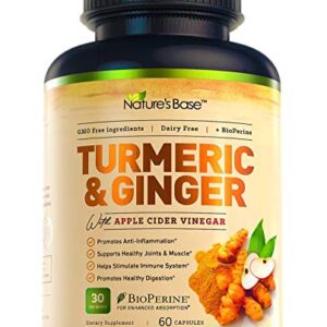 Turmeric Curcumin Supplement with Ginger & Apple Cider Vinegar, BioPerine Black Pepper, Tumeric & Ginger, 95% Curcuminoids & Joint Supplement, Antioxidant Tumeric Supplements Capsules, Nature's Base