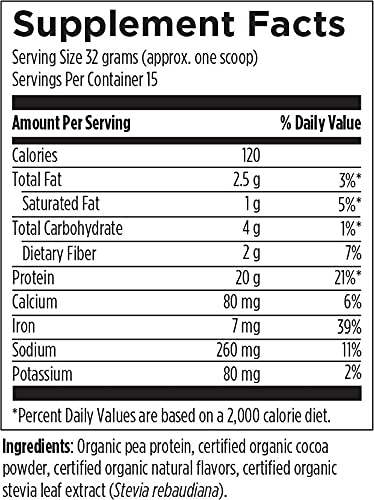 Designs for Health Organic PurePea - 20g Vegan Pea Protein, Organic + Non-GMO Natural Drink Mix Powder Supplement, Chocolate (15 Servings / 480g)