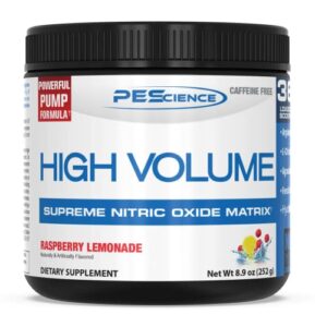 pescience high volume nitric oxide booster pre workout powder with l arginine nitrate, raspberry lemonade, 36 scoops, caffeine free