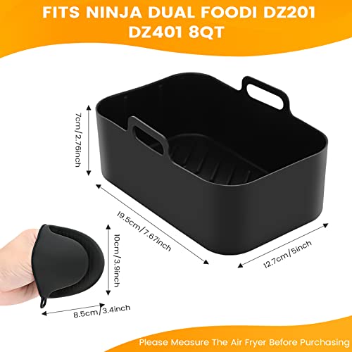 2Pcs Air Fryer Silicone Pot for Ninja Foodi Dual DZ201 8QT, Reusable Silicone Airfryer Liner with Heat Proof Gloves, Rectangle Silicone Air Fryer Oven Basket Accessories for Ninja 8 QT Air Fryer