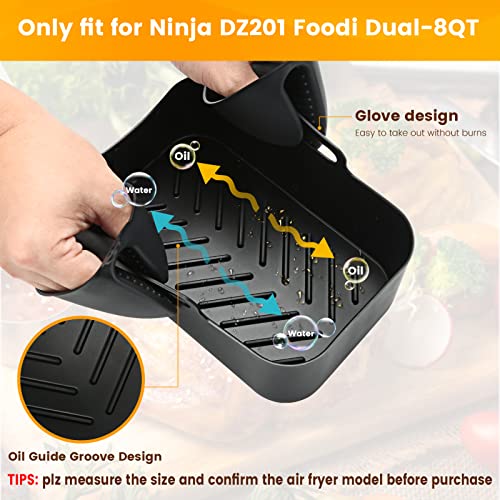 2Pcs Air Fryer Silicone Pot for Ninja Foodi Dual DZ201 8QT, Reusable Silicone Airfryer Liner with Heat Proof Gloves, Rectangle Silicone Air Fryer Oven Basket Accessories for Ninja 8 QT Air Fryer