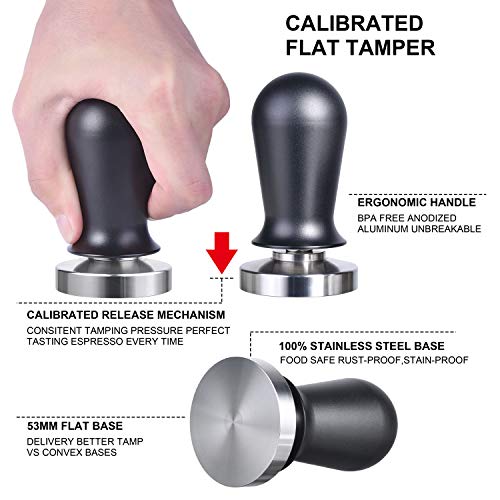 53mm Calibrated Espresso Tamper, MATOW Calibrated Coffee Tamper with Spring Loaded Anodized Aluminum Handle Stainless Steel Flat Base, Professional Espresso Hand Tamper(Aluminum Handle, 53mm Tamper)