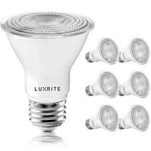 luxrite 6 pack par20 led bulbs, 50w equivalent, 3000k soft white, dimmable led spotlight bulb, indoor outdoor, 7w, 500 lumens, wet rated, e26 standard base, ul listed