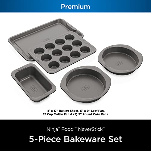 Ninja B35005 Foodi NeverStick Premium 5-Piece Bakeware Sheet Set, Oven Safe up to 500⁰F, with 11x17 Inch Baking Sheet, 5x9 Inch Loaf Pan, 12 Cup Muffin Pan, & (2) 9 Inch Round Cake Pans, Grey