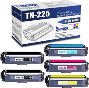 5-pack tn225 compatible tn-225bk tn-225c tn-225y tn-225m toner cartridge replacement for brother tn-225 hl-3140cw hl-3150cdn mfc-9130cw printer.