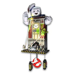the bradford exchange ghostbusters hand-painted cuckoo clock featuring iconic logo as swinging pendulum flanked by ghost trap weights