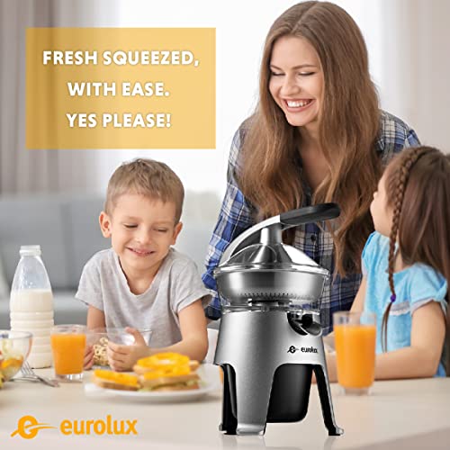 Eurolux Die Cast Stainless Steel Electric Citrus Juicer Squeezer, for Orange, Lemon, Grapefruit | 300 Watts of Power, With 2 Stainless Steel Filter Sizes for Pulp Control