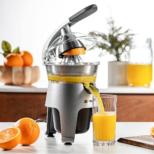 Eurolux Die Cast Stainless Steel Electric Citrus Juicer Squeezer, for Orange, Lemon, Grapefruit | 300 Watts of Power, With 2 Stainless Steel Filter Sizes for Pulp Control