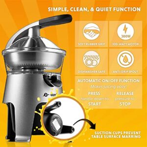 Eurolux Die Cast Stainless Steel Electric Citrus Juicer Squeezer, for Orange, Lemon, Grapefruit | 300 Watts of Power, With 2 Stainless Steel Filter Sizes for Pulp Control