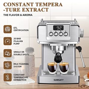 SUMSATY Espresso Machine, Stainless Steel Espresso Machine with Milk Frother for Latte, Cappuccino, Machiato,for Home Espresso Maker, 1.8L Water Tank, 20 Bar