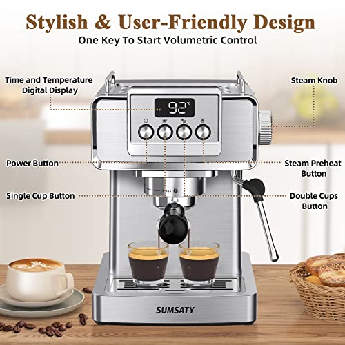 SUMSATY Espresso Machine, Stainless Steel Espresso Machine with Milk Frother for Latte, Cappuccino, Machiato,for Home Espresso Maker, 1.8L Water Tank, 20 Bar