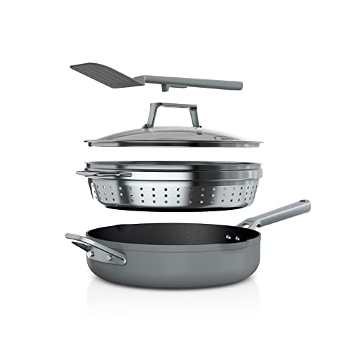 Ninja CW102GY Foodi NeverStick PossiblePan, Premium Set with 4-Quart Capacity Pan, Steamer/Strainer Basket, Glass Lid & Integrated Spatula, Nonstick, Durable & Oven Safe to 500°F, Sea Salt Grey