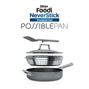 Ninja CW102GY Foodi NeverStick PossiblePan, Premium Set with 4-Quart Capacity Pan, Steamer/Strainer Basket, Glass Lid & Integrated Spatula, Nonstick, Durable & Oven Safe to 500°F, Sea Salt Grey