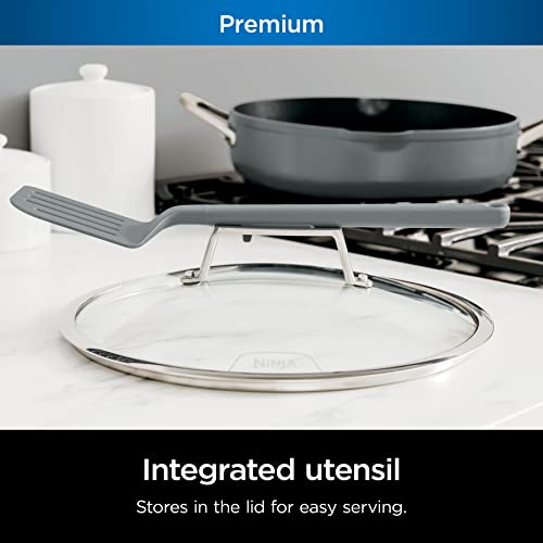 Ninja CW102GY Foodi NeverStick PossiblePan, Premium Set with 4-Quart Capacity Pan, Steamer/Strainer Basket, Glass Lid & Integrated Spatula, Nonstick, Durable & Oven Safe to 500°F, Sea Salt Grey