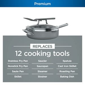 Ninja CW102GY Foodi NeverStick PossiblePan, Premium Set with 4-Quart Capacity Pan, Steamer/Strainer Basket, Glass Lid & Integrated Spatula, Nonstick, Durable & Oven Safe to 500°F, Sea Salt Grey