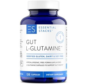 essential stacks gut l-glutamine capsules 1000mg (made in usa) – gluten, dairy & soy free, non-gmo l glutamine for gut health – 60 serves (120 caps)