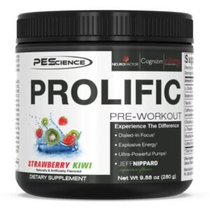 PEScience Prolific Pre Workout Powder, Strawberry Kiwi, 40 Scoop, Energy Supplement with Nitric Oxide