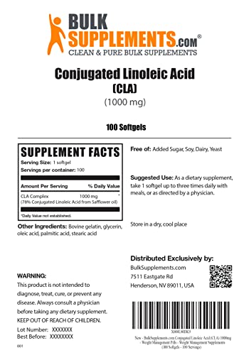 BULKSUPPLEMENTS.COM CLA Softgels (Conjugated Linoleic Acid) - CLA Supplements for Energy, 1000mg of CLA from Safflower Oil - 1 Softgel per Serving - 100-Day Supply (100 Softgels)