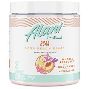 alani nu bcaa branched chain essential amino acids supplement powder, muscle recovery vitamins for post-workout, sour peach rings, 30 servings