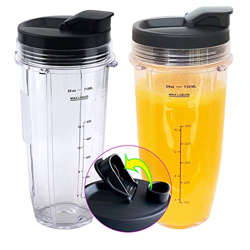 Replacement 24oz Nutri Ninja Blender Cup with Sip & Seal Lid For BL450 BL454 BL456 BL480 BL482 BL640 BL642 BL682 BN751 BN801 Foodi SS101 SS351 SS401 Ninja Blender Auto IQ Blade, 2-Pack