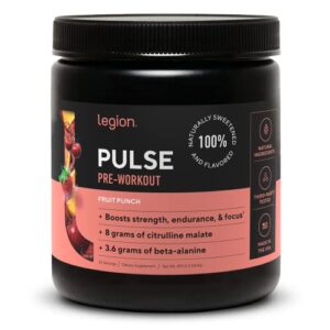 legion pulse pre workout supplement – all natural nitric oxide preworkout drink to boost energy, creatine free, naturally sweetened, beta alanine, citrulline, alpha gpc (fruit punch)