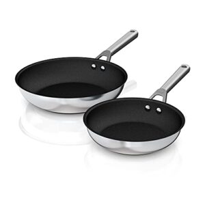 ninja c62000 foodi neverstick stainless 8-inch & 10.25-inch fry pan set, polished stainless-steel exterior, nonstick, durable & oven safe to 500°f, silver