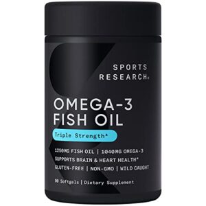 sports research triple strength omega 3 fish oil – burpless fish oil supplement w/epa & dha fatty acids from wild alaskan pollock – heart, brain & immune support for men & women – 1250 mg, 90 ct