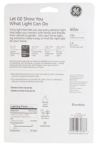 GE Lighting Crystal Clear, Decorative Bent Tip Light Bulb, 40 Watt (350 Lumens) 12 Count