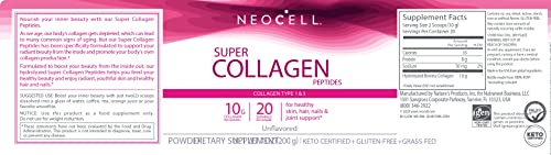 NeoCell Super Collagen Powder, 10g Collagen Peptides per Serving, Gluten Free, Keto Friendly, Non-GMO, Grass Fed, Paleo Friendly, Healthy Hair, Skin, Nails & Joints, Unflavored, 7 Oz