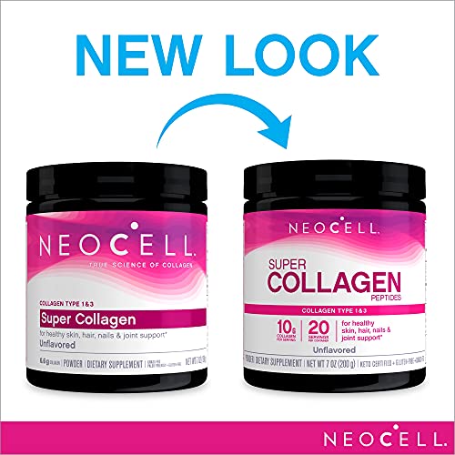 NeoCell Super Collagen Powder, 10g Collagen Peptides per Serving, Gluten Free, Keto Friendly, Non-GMO, Grass Fed, Paleo Friendly, Healthy Hair, Skin, Nails & Joints, Unflavored, 7 Oz