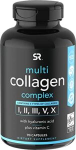 sports research multi collagen pills (type i, ii, iii, v, x) hydrolyzed collagen peptides with hyaluronic acid + vitamin c | non-gmo verified & gluten free – 90 capsules