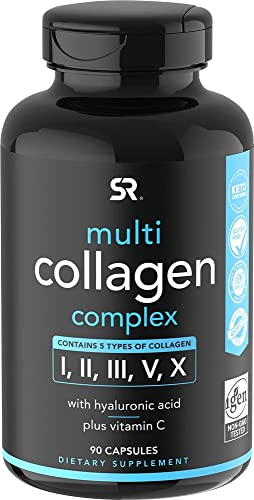 Sports Research Multi Collagen Pills (Type I, II, III, V, X) Hydrolyzed Collagen Peptides with Hyaluronic Acid + Vitamin C | Non-GMO Verified & Gluten Free - 90 Capsules