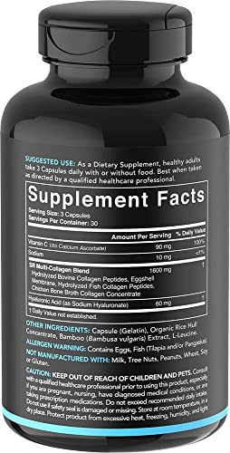 Sports Research Multi Collagen Pills (Type I, II, III, V, X) Hydrolyzed Collagen Peptides with Hyaluronic Acid + Vitamin C | Non-GMO Verified & Gluten Free - 90 Capsules