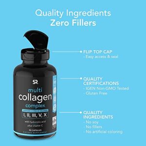 Sports Research Multi Collagen Pills (Type I, II, III, V, X) Hydrolyzed Collagen Peptides with Hyaluronic Acid + Vitamin C | Non-GMO Verified & Gluten Free - 90 Capsules