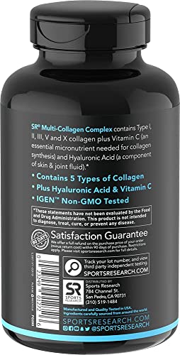 Sports Research Multi Collagen Pills (Type I, II, III, V, X) Hydrolyzed Collagen Peptides with Hyaluronic Acid + Vitamin C | Non-GMO Verified & Gluten Free - 90 Capsules