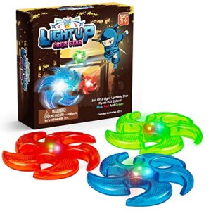 light up ninja flyers set, 3 led electronic stars, heavy duty rubber throwing discs, fun and interactive kids toys for tossing, games, and play, 3 colors, includes gift box