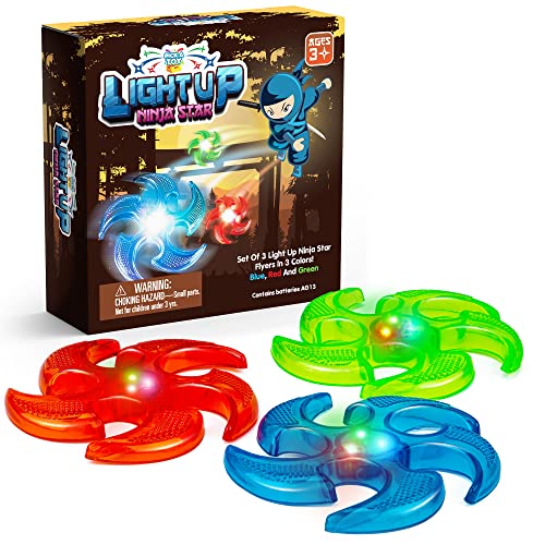 Light Up Ninja Flyers Set, 3 LED Electronic Stars, Heavy Duty Rubber Throwing Discs, Fun and Interactive Kids Toys for Tossing, Games, and Play, 3 Colors, Includes Gift Box