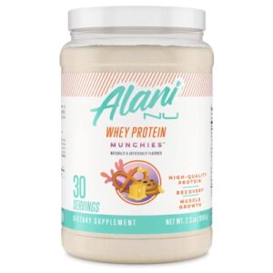 alani nu whey protein powder, 23g of ultra-premium, gluten-free, low fat blend of fast-digesting protein, munchies, 30 servings
