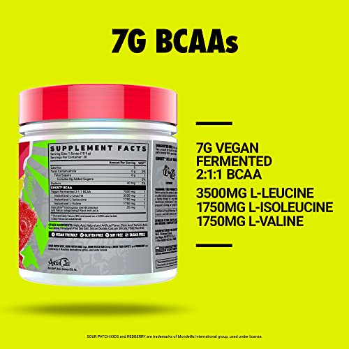 GHOST BCAA Amino Acids, Sour Patch Kids Redberry - 30 Servings - Sugar-Free Intra and Post Workout Powder & Recovery Drink, 7g BCAA – Supports Muscle Growth & Endurance- Soy & Gluten-Free, Vegan